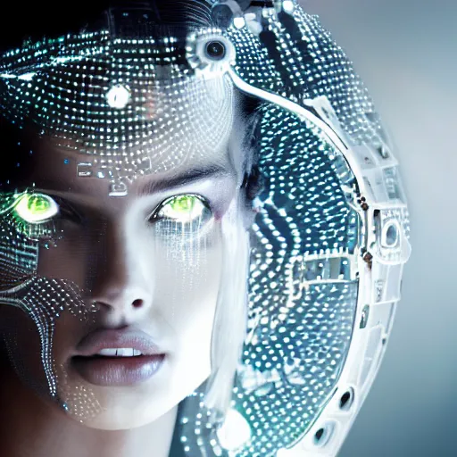 Image similar to beautiful Fine art photo portrait of enraptured Adriana Lima as a solarpunk robotic goddess, white mechanical parts with led lights, photorealistic, white background, highly detailed and intricate, sun lighting, 8k
