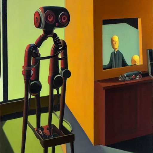 Image similar to robot therapist, portrait, grant wood, pj crook, edward hopper, oil on canvas