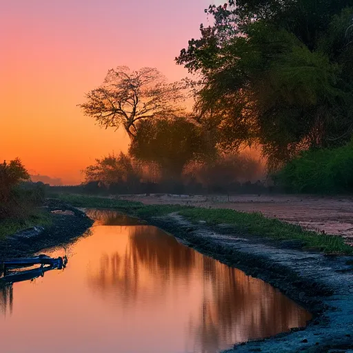 Image similar to National Geographic photograph of a sewage river with feces and goats at dawn