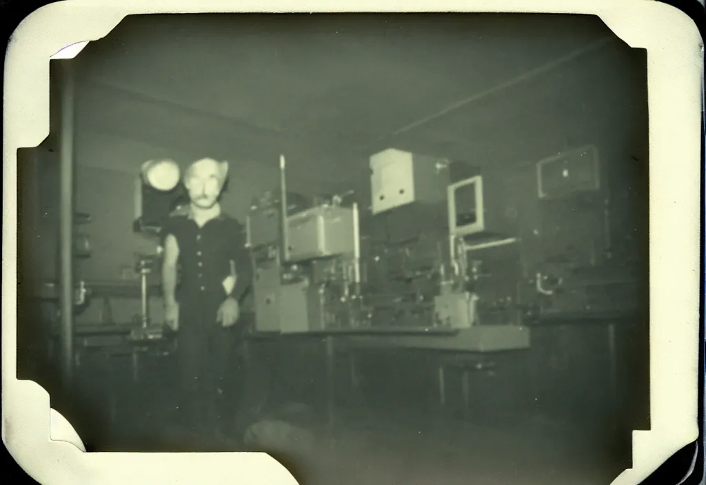 Image similar to dark old polaroid of an weird monster in a military lab