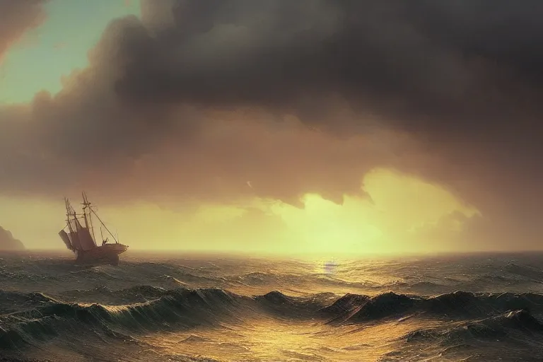 Image similar to a sunset and heavy sea in style of Aivazovskiy, hypermaximalistic, high details, cinematic, 8k resolution, beautiful detailed, insanely intricate details, artstation trending, octane render, unreal engine,