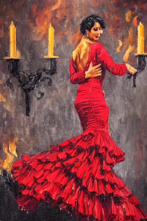 Prompt: vintage detailed oil painting of spanish flamenco dancer in mallorca wearing a red dress made of flowers, dress on fire, dimly lit by candles on the ground, looking away, dark shadows, photo realistic, extreme detail skin, no filter, slr, 4 k, high definition
