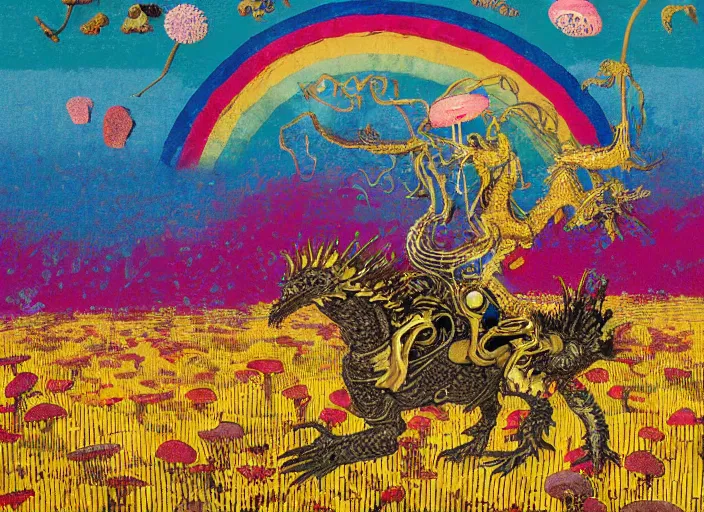 Prompt: expressionistic decollage painting golden armor alien zombie horseman riding on a crystal bone dragon broken rainbow diamond maggot horse in a blossoming meadow full of colorful mushrooms and golden foil toad blobs in a golden sunset, distant forest horizon, painted by Adrian Ghenie, Hokusai, Hilma af Klint and Amano, pixelated, semiabstract, color field painting, byzantine art, png compression glitch, pop art look, naive, outsider art. Mark Rothko painting, part by Philip Guston and Beksinski. art by Bill Traylor, 8k, extreme detail, intricate detail, masterpiece