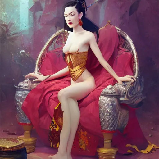 Image similar to Portrait of Stoya as a oriental queen on her throne in the forets, by Sergey Kolesov, trending on Artstation, 8k, masterpiece, graffiti paint, dishonored, fine detail, full of color, intricate detail