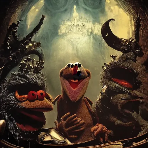 Image similar to muppets in dante's inferno with trumpeters and demons, intricate detail, royo, vallejo, frazetta, giger, whealan, hd, unreal engine,