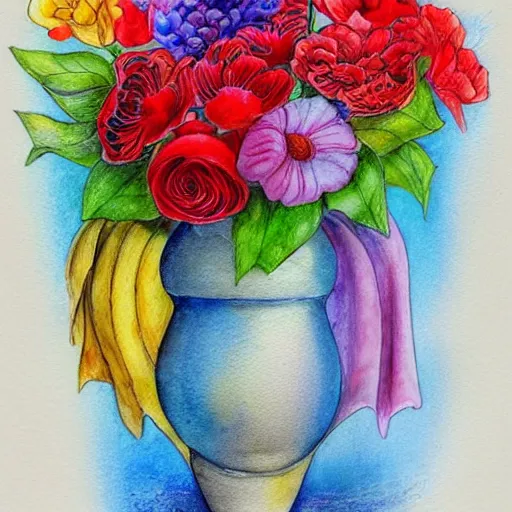 Image similar to a porcelain vase with a colorful and beautiful flower arrangement. very stylize and delicate watercolor and pencil drawing. medium shot. beautiful lighting, 4 k post - processing, trending in art station, cg society, highly detailed, 5 k extremely detailed