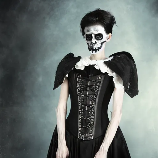 Prompt: a portrait of a scrawny teenage girl with short black hair and black irises. black and white skull facepaint. pointed face. black robes, corset of rib bones, femme-androgynous. surrounded by skeletons. holding a skull. black white and light blue color scheme, oil painting, matte painting, black background, Highly Detailed, Cinematic Lighting, Unreal Engine, 8k, HD, by Beksinski