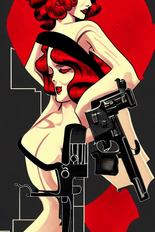 Image similar to comic noir cover art of a flapper girl with a revolver, inspired by gunsmith cats and sin city, by jenny frison and sana takeda, intricate details, stunning inking lines, stunning gradient colors, 4 k, hd, artstation