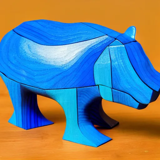 Prompt: a beautiful minimalist curvy shaped small sculpture of hippopotamus!!!, ( ( wood ) ) and ( ( blue epoxy ) ) on top mix, cubic blocks stripes cuts, side view profile centered, studio, design