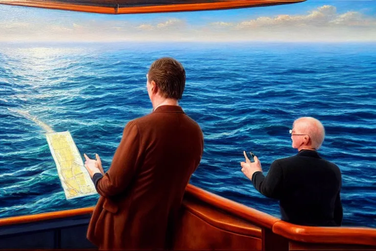 Image similar to ( ( a beautiful 8 k photorealistic masterpiece oil painting ) ( of ( a man lecturing on navigation while the ship is going down ) ) ( hyperrealism ) ( 1 6 k ) ( trending on artstation )