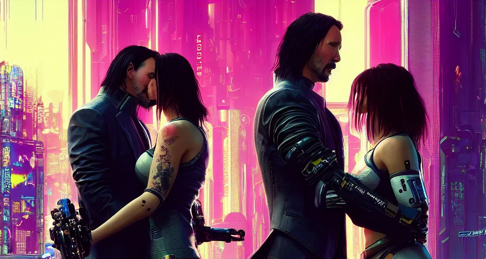 Image similar to a cyberpunk 2077 srcreenshot couple portrait of a Keanu Reeves and a female android in final kiss,love,film lighting,by Laurie Greasley,Lawrence Alma-Tadema,Dan Mumford,John Wick,Speed,Replicas,artstation,deviantart,FAN ART,full of color,Digital painting,face enhance,highly detailed,8K,octane,golden ratio,cinematic lighting