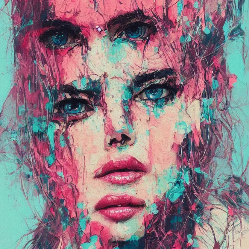 Image similar to close up portrait painting of a female dressed in nineties street styling, concept art, intricate details, highly detailed, aesthetically pleasing pastel colors, art by conrad roset