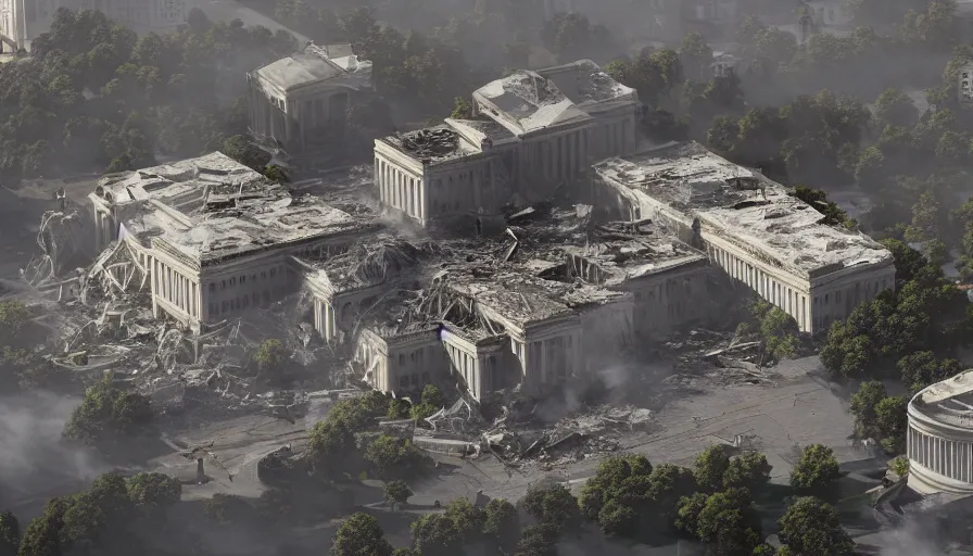 Image similar to destroyed washington dc with damaged collapsed buildings, debris, ruins, white house, capitol, fire, ashes, smoke columns, hyperdetailed, artstation, cgsociety, 8 k