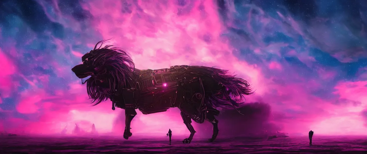 Image similar to space, hyperdetailed illustration, portrait big dark dog, mohawk, stars, pink, neon, oil painting, rich deep colors masterpiece, pirate neon ship, ultra detailed, contrast, heaven pink, clouds, volumetric light, atmospheric lighting, dramatic, cinematic, moody, octane render 4 k, 8 k