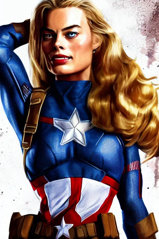 Prompt: Margot Robbie as Captain America, highly detailed, 4k HD, hyper-realistic, digital art