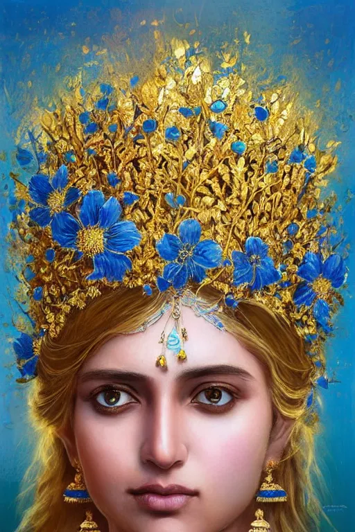 Image similar to a pale Indian girl with golden hair, floral crown, sad blue eyes, cinematic lighting, ultra detailed, highly detailed, sharp focus, golden background with flowers, golden jewellery with blue sapphires, photographic, art by artgerm and greg rutkowski and zdislav beksinski