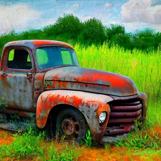 Image similar to impressionist painting of an old rusty pickup truck overrun by kudzu
