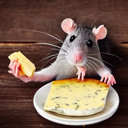 Prompt: a very cute rat happily holding cheese on a plate