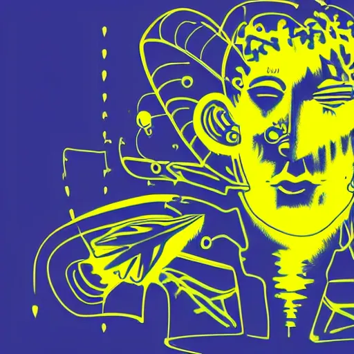 Image similar to human man that resembles a wasp morh in surreal sketch style, blue and yellow gradient, noise, ultrafine detail, hd 8k, logo illustration