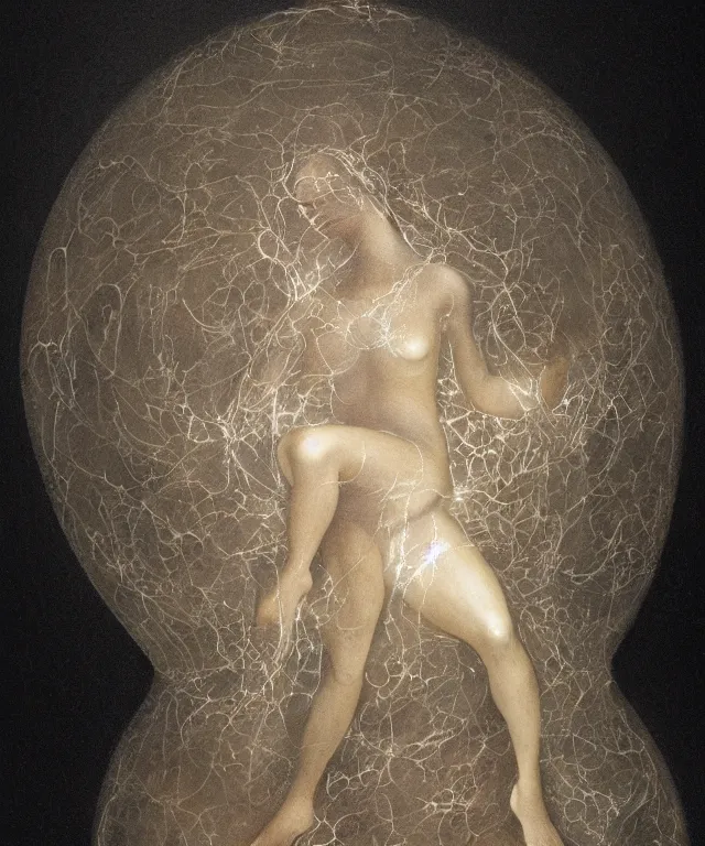 Image similar to Beautiful full-body wax sculpture of a glowing transparent woman inside egg with melted white wax in the singularity where stars becoming baroque folds of dark matter by Michelangelo da Caravaggio, Nicola Samori, William Blake, Alex Grey and Beksinski, dramatic volumetric lighting, highly detailed oil painting, 8k, masterpiece