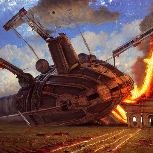 Prompt: a roman spaceship, stuck in the ground, the spaceship is on fire, smoke, rainstorm, lightning, angry, kinetic, adolphe bouguereaum, norman rockwell, trending on artstation, highly detailed oil painting,