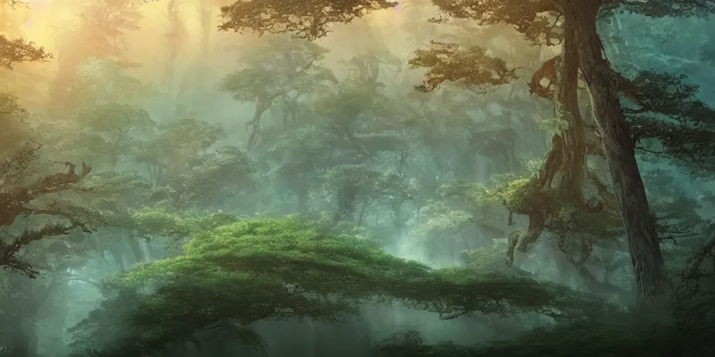 Image similar to giant liquid spirit monster!!!, forest treetops, 4 k, high detail, dramatic lighting, sunset, hayao miyazaki, masashi ando, nizou yamamoto, kazuo oga, joe hisaishi, yoji takeshige, naoya tanaka