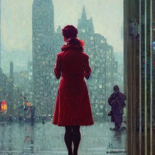 Image similar to detailed portrait of a woman, moment, cyberpunk cloisters, electronic billboards, tech noir, wet reflections, atmospheric, ambient, wlop, norman rockwell, alexis flower, hopper, livia prima, greg rutkowski, george tooker, gil elvgren, norman rockwell, alexis flower, hopper, mucha, whistler, norman rockwell, peter max,