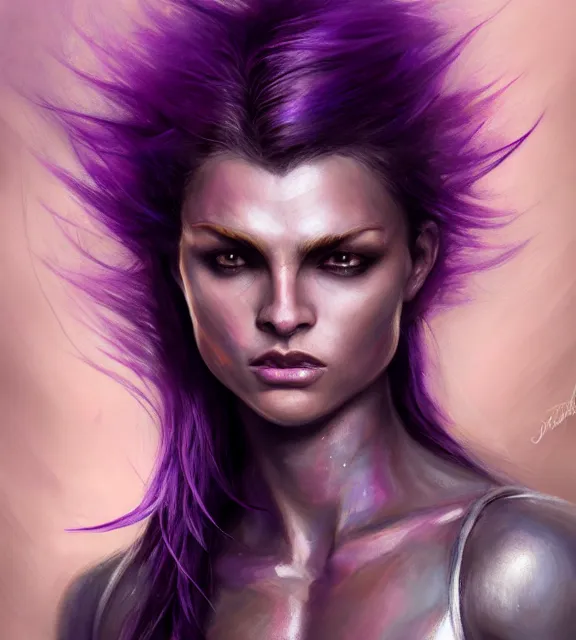 Image similar to muscular female warrior holding dagger shaft, perfect face, diadem, black halter top, purple hair, abs, cinematic, blush, stunning, athletic, strong, agile, highly detailed, psychedelic, digital painting, artstation, smooth, hard focus, illustration, art by jessica rossier and and brian froud