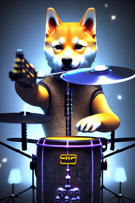 Image similar to high quality 3 d render very cute cyborg shiba inu plays drums, cyberpunk highly detailed, unreal engine cinematic smooth, in the style of blade runner & pixar, hannah yata charlie immer, moody light, low angle, uhd 8 k, sharp focus