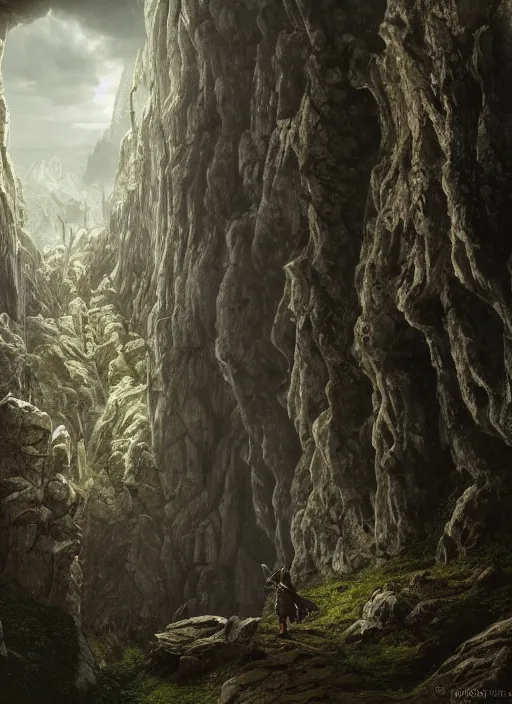 Prompt: a medieval adventurer in lord of the rings scenery landscape, inside an enormous overgrown cathedral made of stone dragons, portal to another dimension in the sky, highly detailed, cinematic lighting, perfect composition, 4 k, gustave dore, derek zabrocki, greg rutkowski, belsinski, octane render