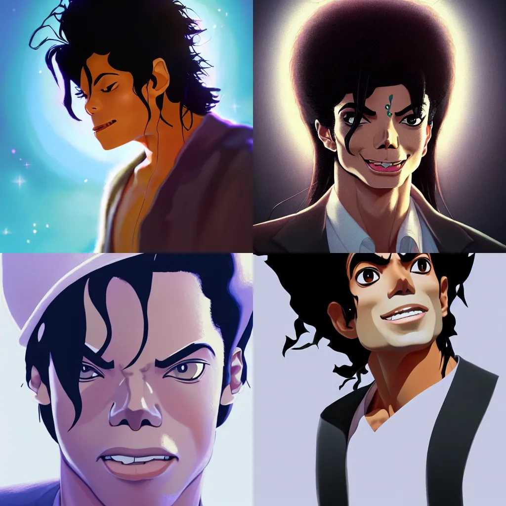 Prompt: centered!! macro portrait of dancer michael jackson, artstation, detailed cartoon, elegant, digital painting, concept art, smooth, sharp focus, illustration, ghibli, makoto shinkai, don bluth, fujita goro, jean giraud, akihiko yoshida, tom whalen 8 k