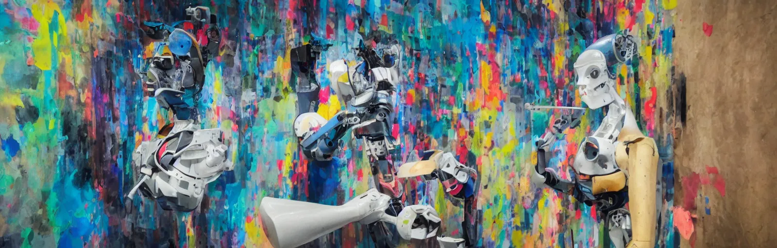 Prompt: several people are typing, a painting robot faces a wall and effortlessly works away