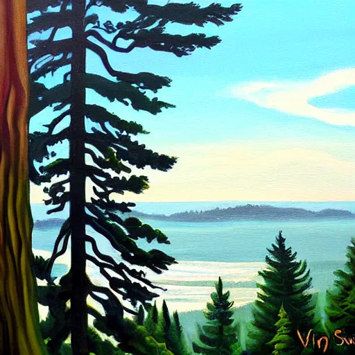 Prompt: painting of view from the top of tree of redwood forest, swaying trees, windy, waves, rippling trees