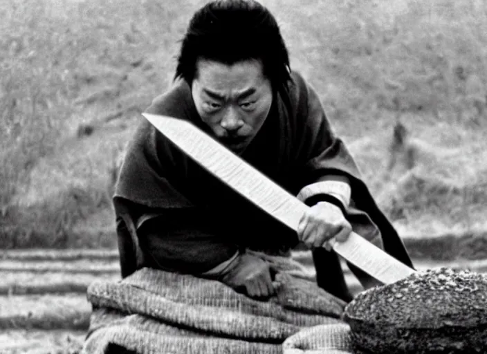 Image similar to a movie still of a samurai slicing a loaf of bread, a movie by Akira Kurosawa