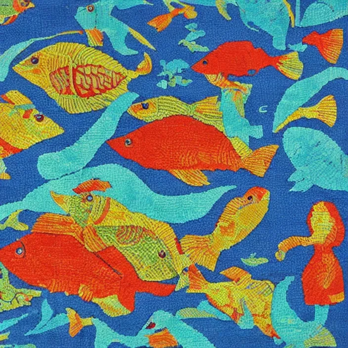 Prompt: different exotic fish. intricate textile carpet by olexandr archipenko