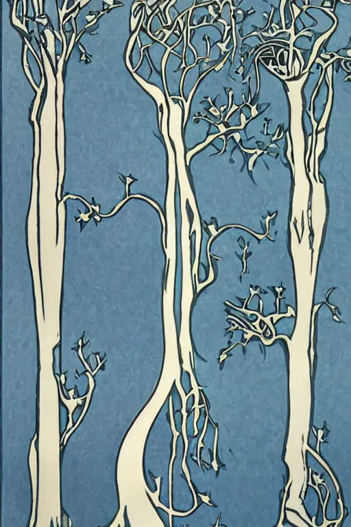 Prompt: art nouveau midnight trees