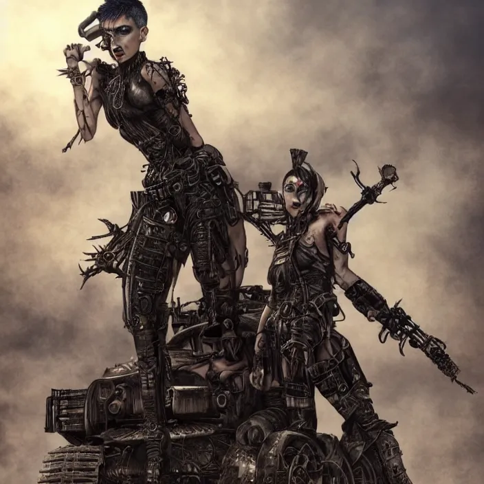 Image similar to beautiful apocalyptic woman with Mohawk, standing on mad max panzer tank, hyper-detailed, smooth, sharp focus, 4k ultra hd, fantasy dark art, tank girl, artgerm, artstation, octane render, elegant, detailed digital painting, apocalyptic art