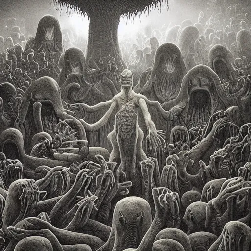 Image similar to a hyperrealistic painting of an alien god preaching to a congregation of small furry creatures in the middle of an alien jungle, bioluminescent plants, by john kenn mortensen and zdzislaw beksinski, highly detailed, vivid color,