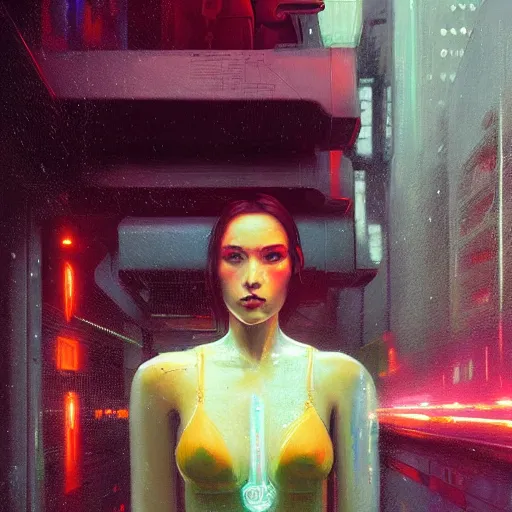 Image similar to detailed portrait of a cybernetic woman android, moment, cyberpunk elevated train, electronic billboards, tech noir, wet reflections, atmospheric, ambient, livia prima, greg rutkowski, edward hopper, pj crook