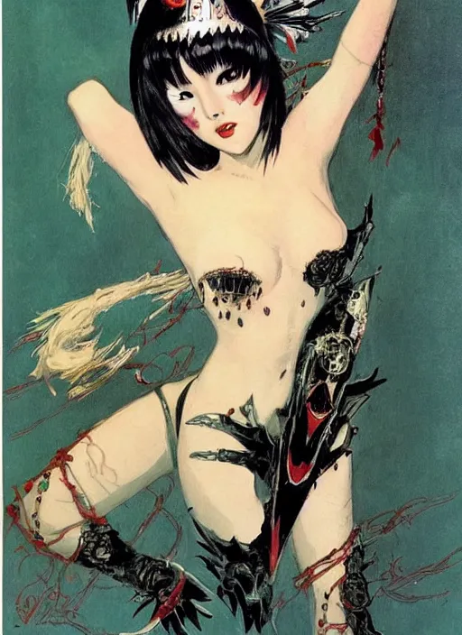 Image similar to female korean vampiress, jeweled headdress, heavy mascara, strong line, saturated color, beautiful! coherent! by frank frazetta, high contrast, minimalism