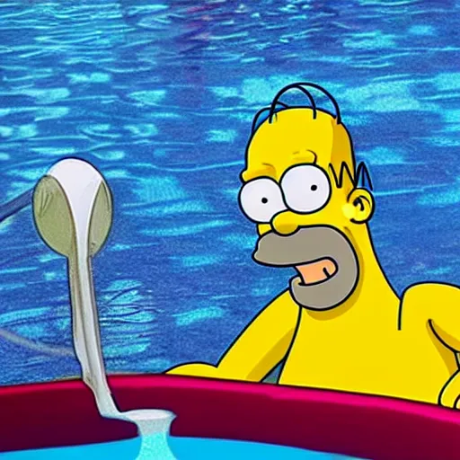 Image similar to Homer Simpson in a swimming pool dark and creepy 4K quality super realistic