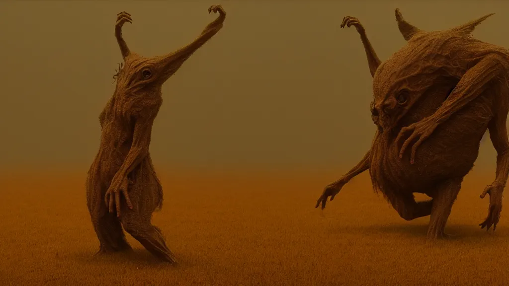 Prompt: a weird creature often, film still from the movie directed by Denis Villeneuve with art direction by Zdzisław Beksiński, golden hour