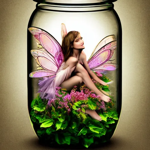 Prompt: a beautiful fairy creature inside a jar, uhd, 8k, stunning, hyper detailed, award winning,