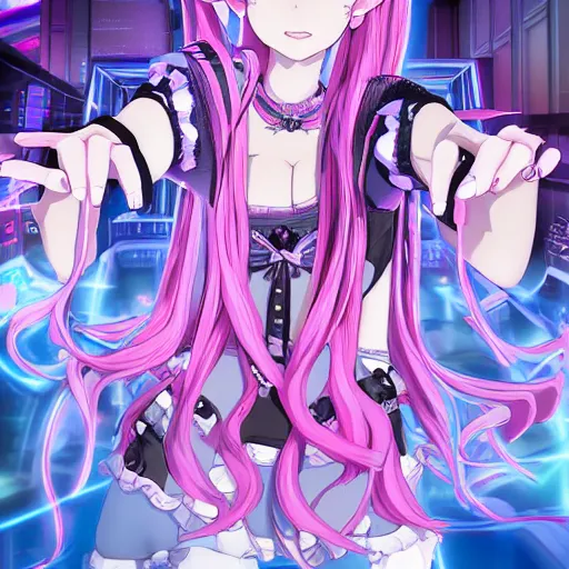 Image similar to trapped by stunningly beautilful omnipotent megalomaniacal anime asi goddess who looks like junko enoshima with symmetrical perfect face and porcelain skin, pink twintail hair and cyan eyes, taking control while smiling inside her surreal vr castle, hyperdetailed, digital art from danganronpa, 2 d anime style, 8 k