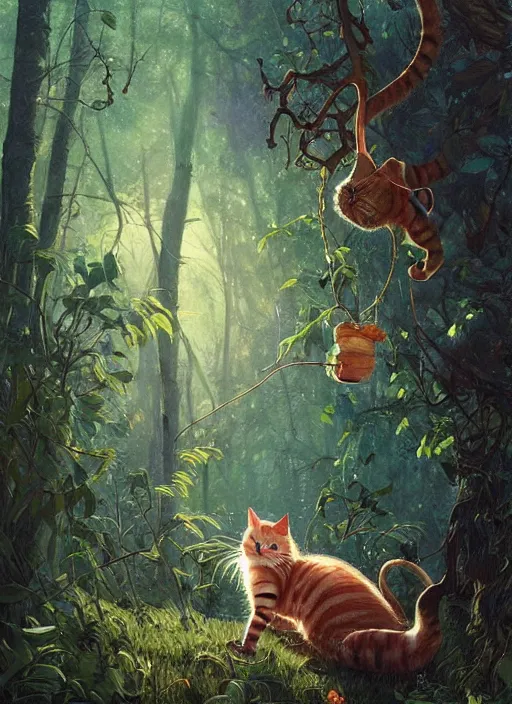 Image similar to a hyper realistic illustrated cat with happy lighting playing in the woods gorgeous lighting, sunbeams blue sky, lush forest foliage painting by chiara bautista and beksinski and norman rockwell and greg rutkowski weta studio, and lucasfilm