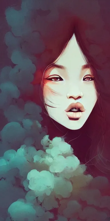 Prompt: candid!! long portrait of a very very beautiful! young filipino woman with narrow face, large eyes and flowing long hair, dramatic swirling dreamy smoke and fog is coming from her mouth, face partially obscured, dark background, by conrad roset, abstract, thought provoking, dramatic lighting, trending on artstation