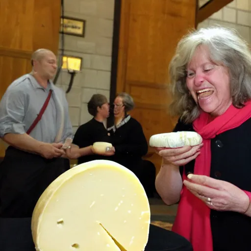 Image similar to congresswoman marjorie taylor greene eating a large wheel of cheese,