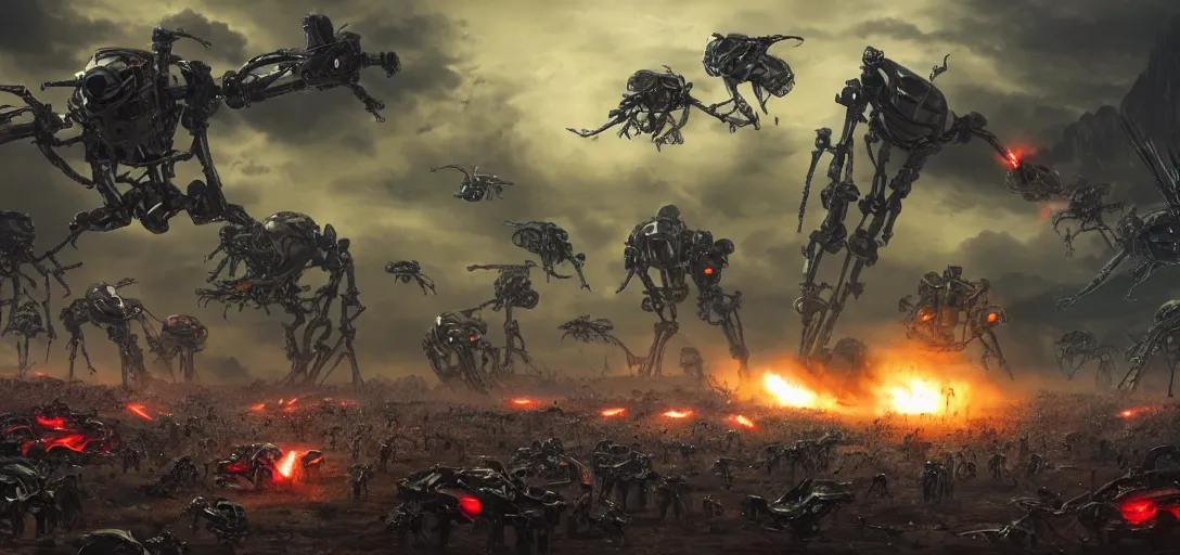 Image similar to epic army of chrome robots battle creatures on alien planet, explosions, smoke, purple and red lazers, landscape, alex ross, neal adams, david finch, war, concept art, matte painting, highly detailed, rule of thirds, dynamic lighting, cinematic, detailed, denoised, centerd