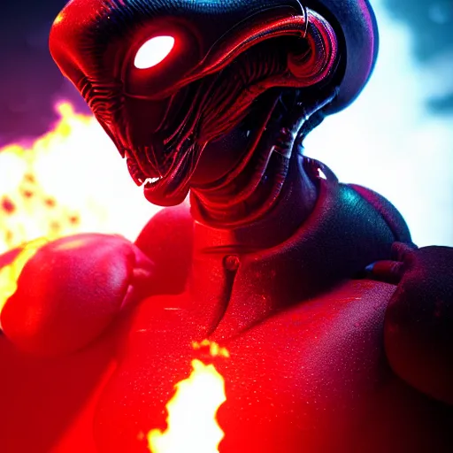 Prompt: portrait of realistic alien with horns. red eyes, human eyes, background flames, sci - fi, tech wear, volumetric lighting, intricate, elegant, highly detailed, digital painting, artstation, concept art, film noir - h 7 0 4