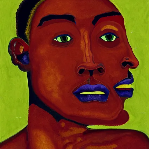 Prompt: a professionally painted african male model , clothed in ancient street wear, dark skin, red gold hair, beautiful bone structure, big symmetrical scar features, stunningly, beautiful, intricate, elegant, digital painting, smooth, sharp focus, illustration, made by, Jacob Lawrence, Sam Gilliam, Edmonia Lewis, Jean-Michel Basquiat